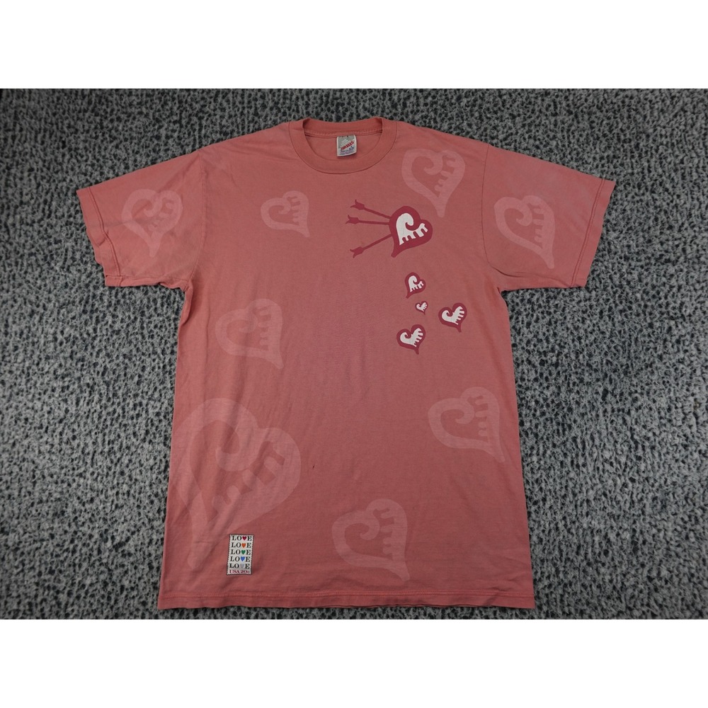 Jerzees T-Shirt Mens Large Pink Vintage 80s Love USA Stamp Heart Graphic Tee